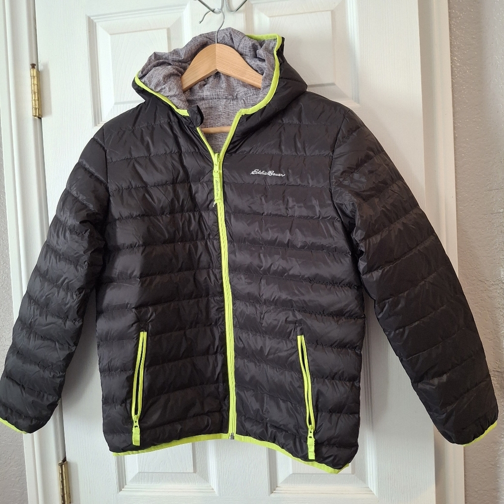 Eddie Bauer Unisex Reversible Down Hooded Jacket Youth L 14/16 Black Grey Neon
